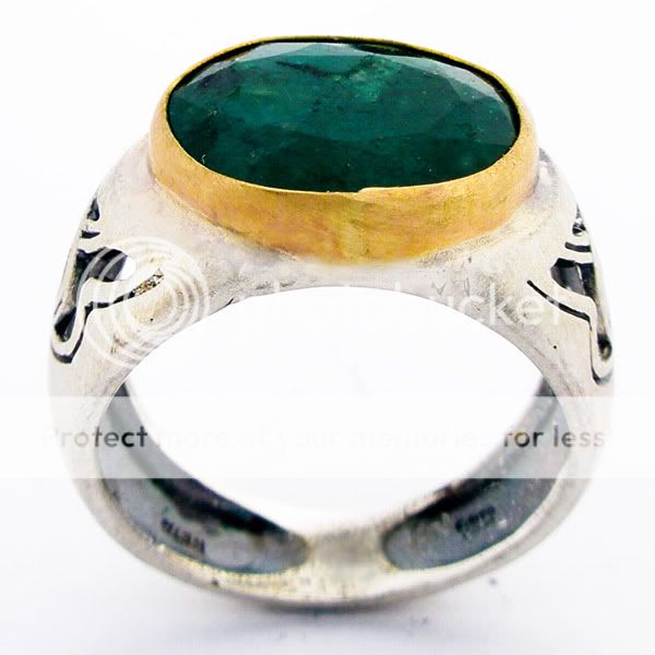 Artisan Mens 9k Yellow Gold Bezel Set Jade Silver Ring  